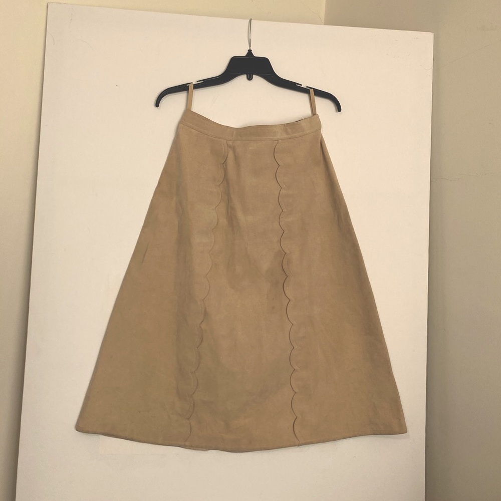 Ultra suede a-line midi skirt with scalloped detail on front